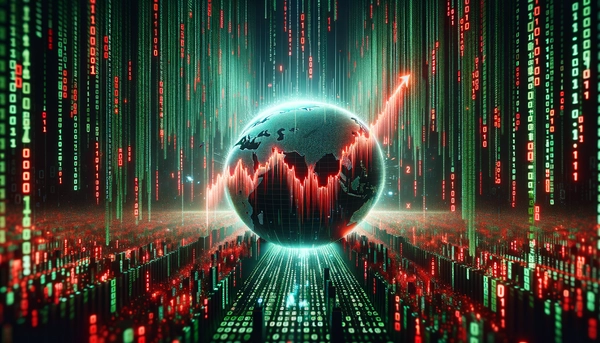 A stock market graph crashing down with binary code raining in the background.