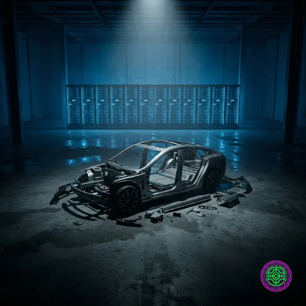 A moody, cinematic rendering of a disassembled Tesla Model S chassis in a vast, empty concrete warehouse, illuminated by a single spotlight.
