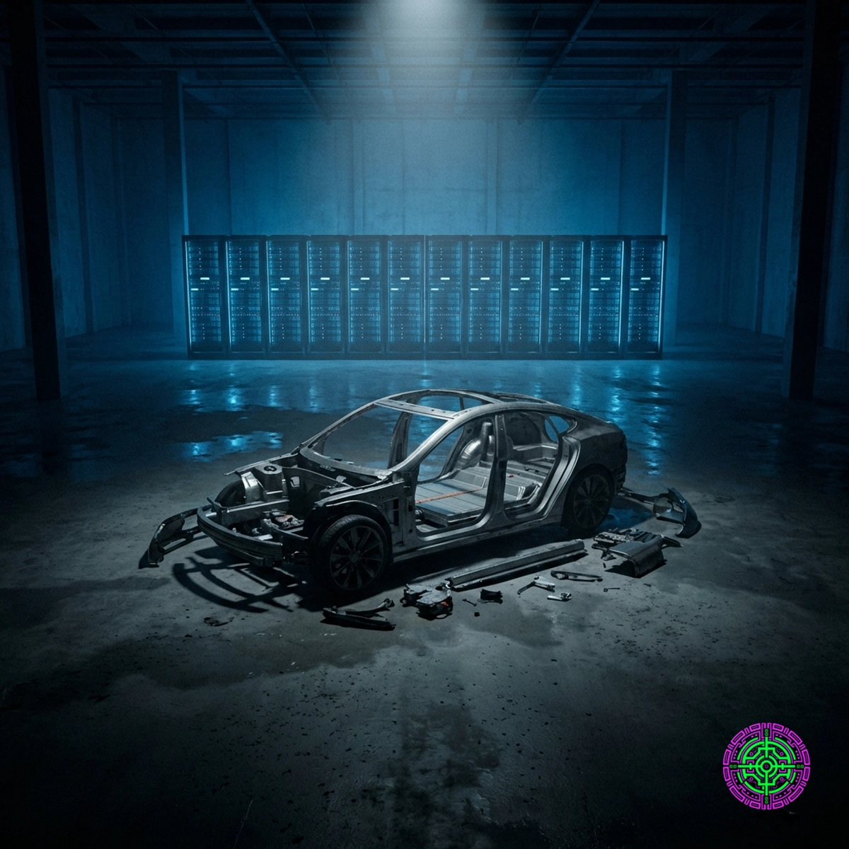 A moody, cinematic rendering of a disassembled Tesla Model S chassis in a vast, empty concrete warehouse, illuminated by a single spotlight.