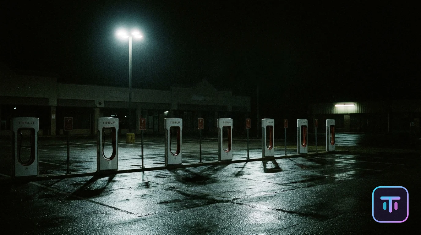 A desolate Tesla Supercharger station at night in a rain-slicked suburban parking lot, charging stalls standing empty under a single harsh floodlight with closed storefronts in the background