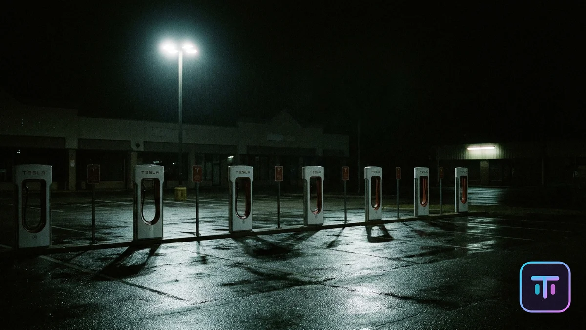 A desolate Tesla Supercharger station at night in a rain-slicked suburban parking lot, charging stalls standing empty under a single harsh floodlight with closed storefronts in the background