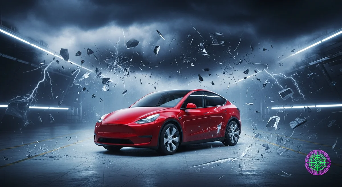 Un Tesla Model Y enfrentando una tormenta digital, simbolizando el caos de liderazgo que rodea a la empresa.