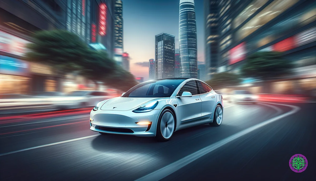 Tesla Model 3 blanche roulant dans une rue moderne de la ville au crépuscule avec un effet de flou de mouvement