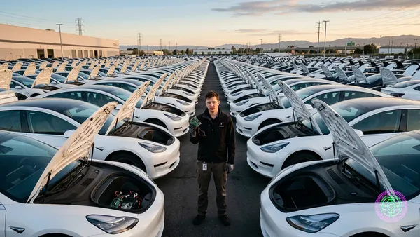 A massive Tesla service center parking lot at dawn packed with hundreds of identical Teslas all with their hoods open awaiting computer surgery, a single technician standing overwhelmed in the center holding a tiny circuit board, photojournalistic documentary style, dramatic wide-angle composition