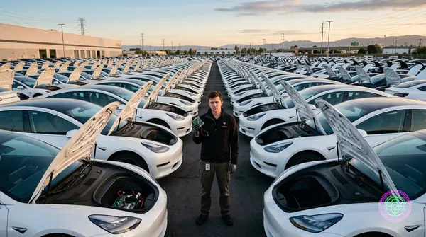 A massive Tesla service center parking lot at dawn packed with hundreds of identical Teslas all with their hoods open awaiting computer surgery, a single technician standing overwhelmed in the center holding a tiny circuit board, photojournalistic documentary style, dramatic wide-angle composition