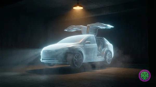 A ghostly translucent Tesla Model X with falcon wing doors open hovers in a dark garage, glowing with ethereal blue-white light and surrounded by volumetric fog