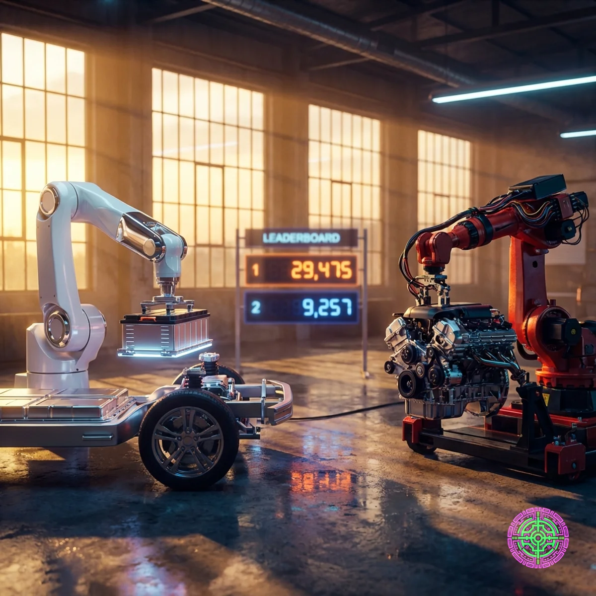 Uma linha de montagem de braços robóticos com as cores da Tesla e da BYD simbolizando a corrida armamentista global de veículos elétricos.