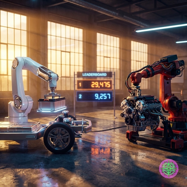 A robotic arm assembly line with Tesla and BYD colors symbolizing the global EV arms race.