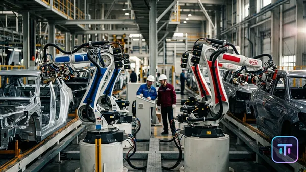Eine Roboterarm-Montagelinie mit Tesla- und BYD-Farben, die das globale Wettrüsten der Elektrofahrzeuge symbolisiert.