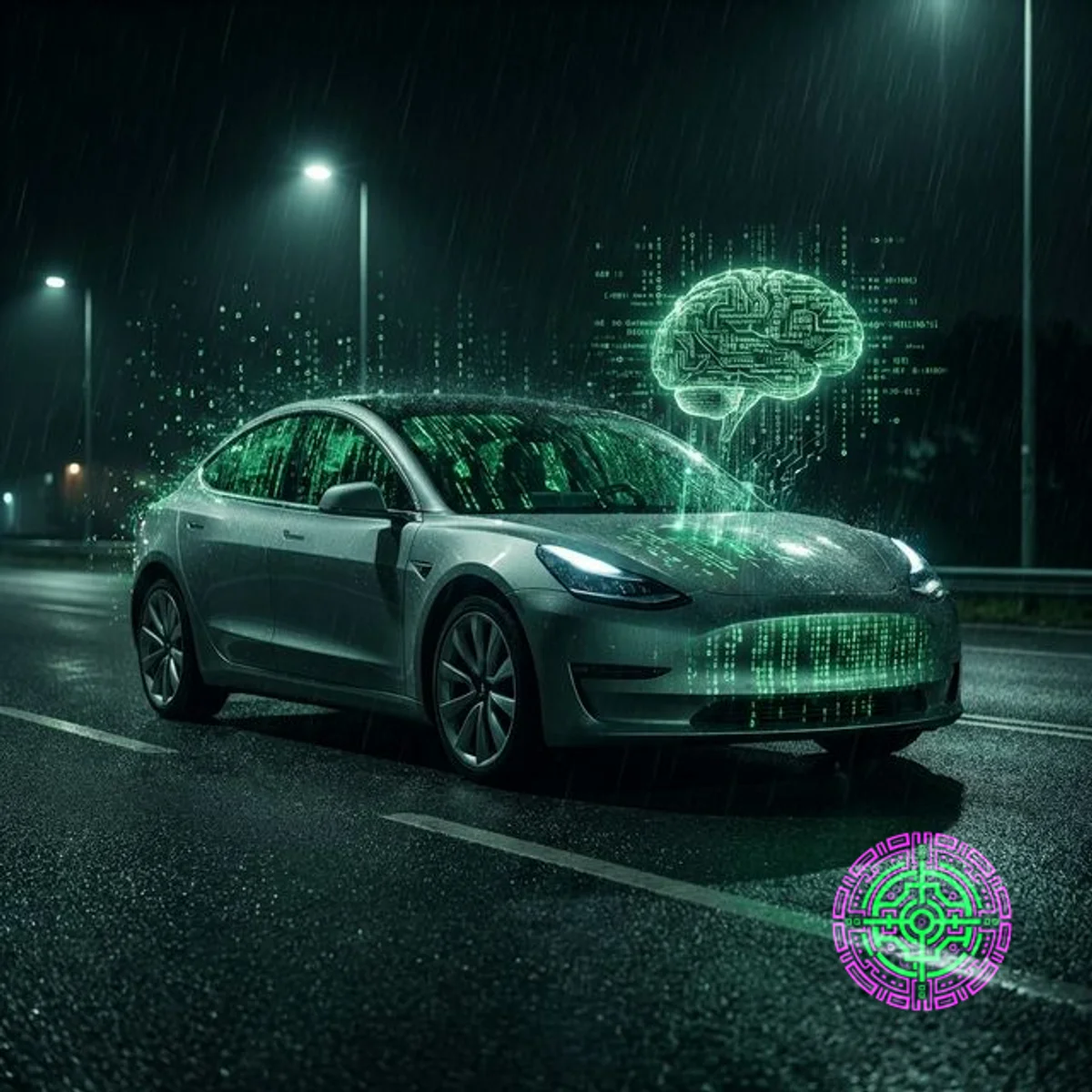 Ein Tesla Model 3 fährt im Regen, wobei sich sein digitales Gehirn in grünen Matrixcode auflöst, was den Verlust des Softwareeigentums symbolisiert.
