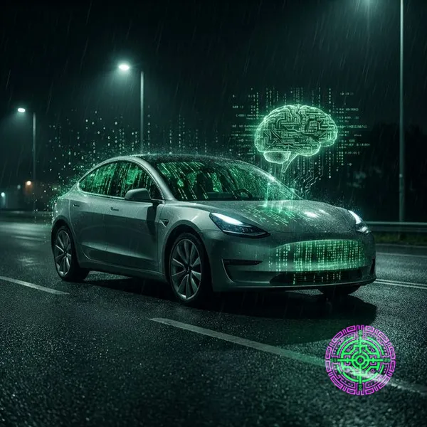 A Tesla Model 3 driving in rain with its digital brain dissolving into green matrix code, symbolizing the loss of software ownership.