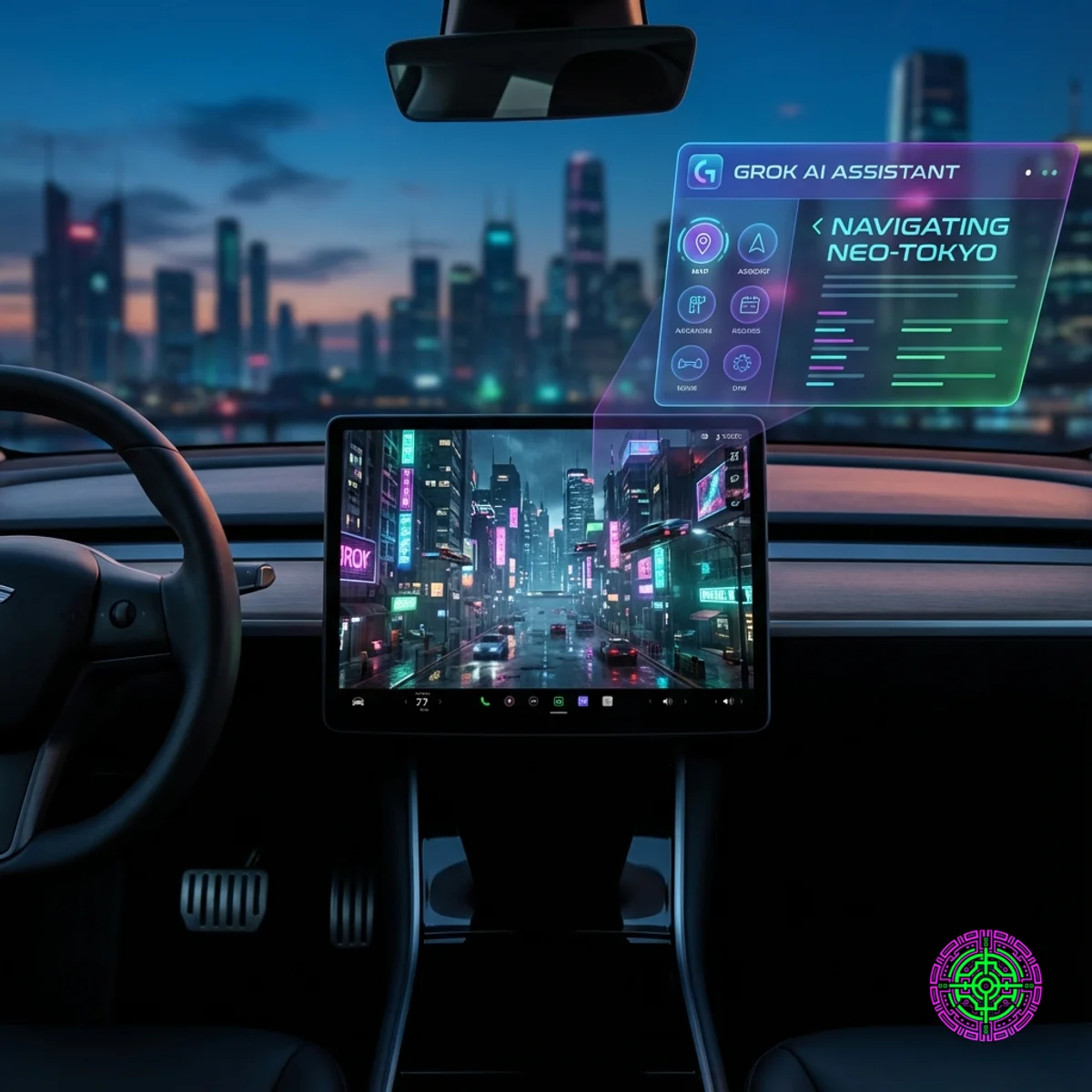 Tesla-Innenraumbildschirm mit fotorealistischer Unreal Engine 3D-Stadtkarte mit Grok AI-Schnittstellenüberlagerung