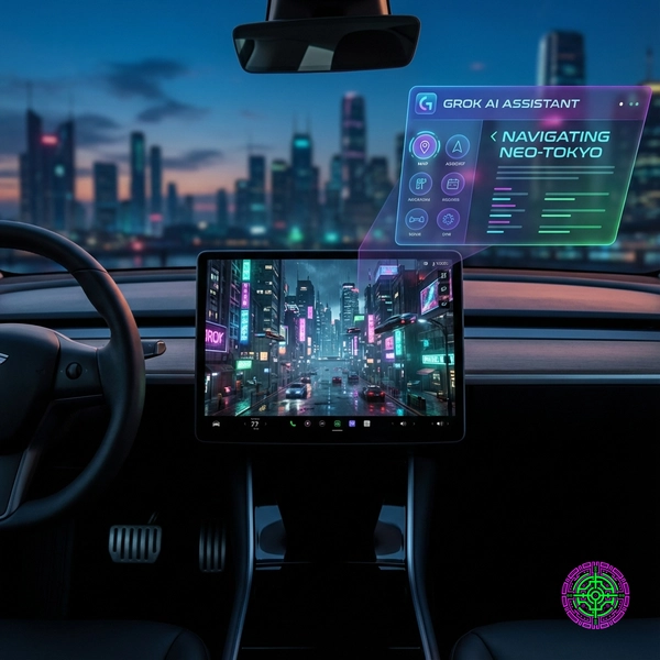 Tesla interior screen displaying photorealistic Unreal Engine 3D city map with Grok AI interface overlay