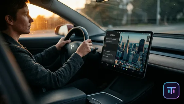 Tesla interior screen displaying photorealistic Unreal Engine 3D city map with Grok AI interface overlay