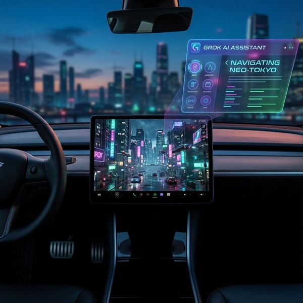 Tesla interior screen displaying photorealistic Unreal Engine 3D city map with Grok AI interface overlay