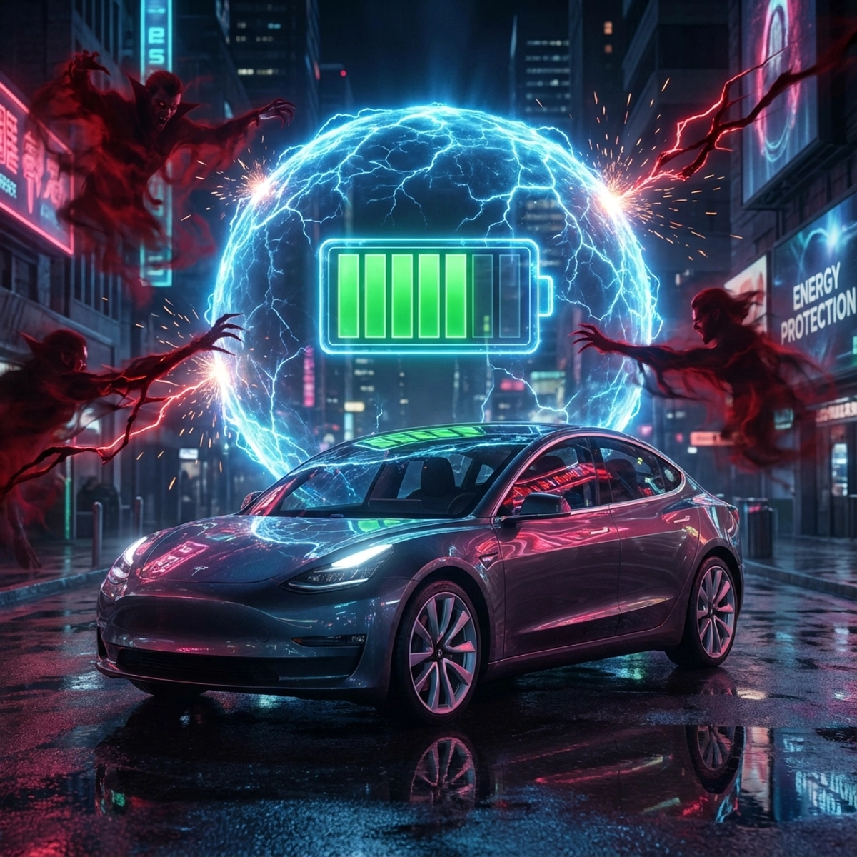 Um futurista Tesla Model 3 numa estrutura de estacionamento escura com um escudo de energia azul brilhante representando o Modo de Baixa Potência