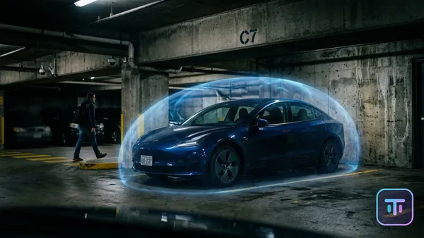 A futuristic Tesla Model 3 in a dark parking structure with a glowing blue energy shield representing Low Power Mode