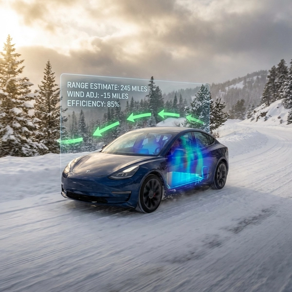 Tesla Model 3 utilizing advanced thermal management algorithms in snow