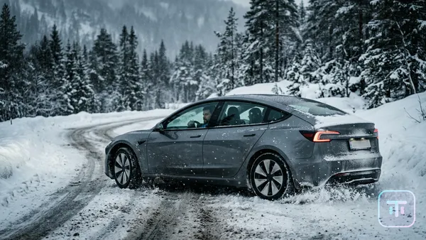 Tesla Model 3 utilizing advanced thermal management algorithms in snow