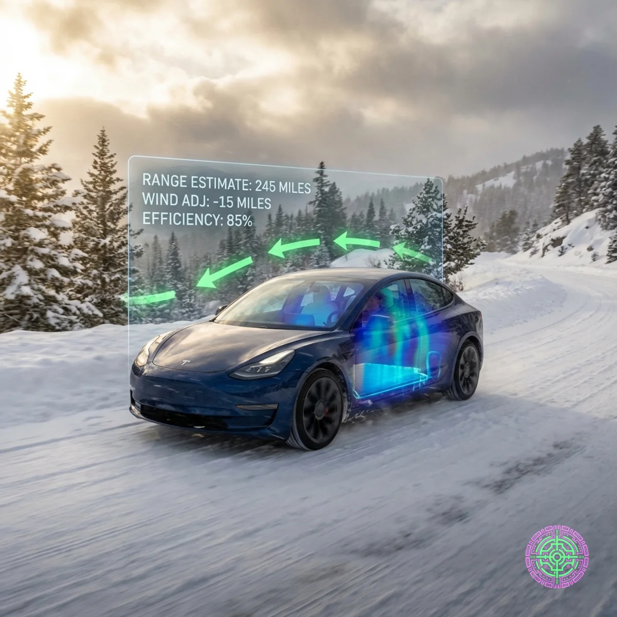 Tesla Model 3 utilizando algoritmos avançados de gerenciamento térmico na neve