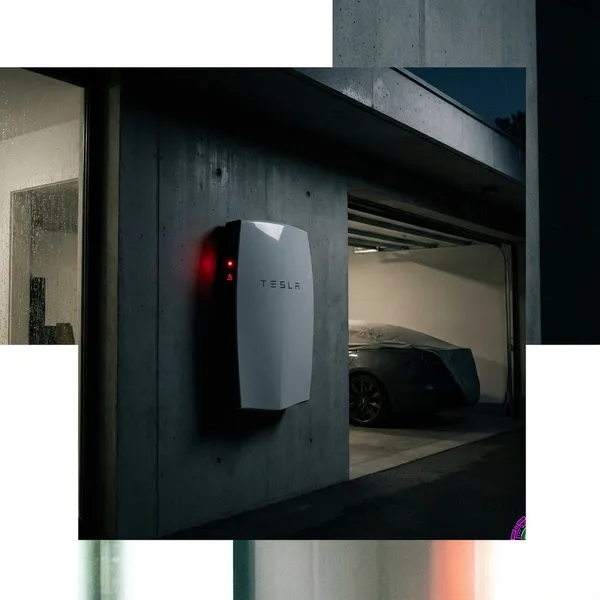 Tesla Powerwall unit on a garage wall with a red status light indicating a system error