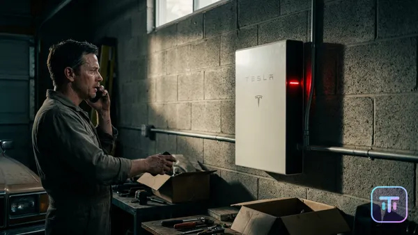 Unidad Tesla Powerwall en la pared de un garaje con una luz de estado roja que indica un error del sistema