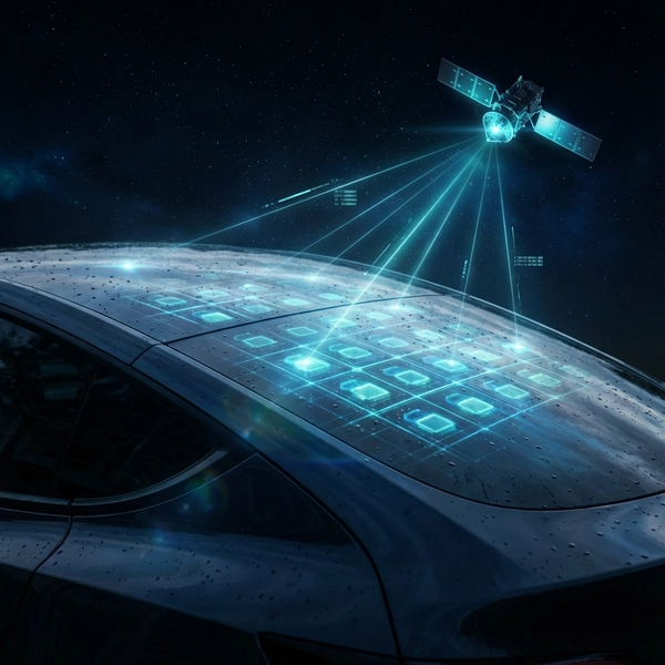 Digital rendering of a Tesla Model Y roof with embedded glowing phased-array antenna grid connecting to a Starlink satellite.