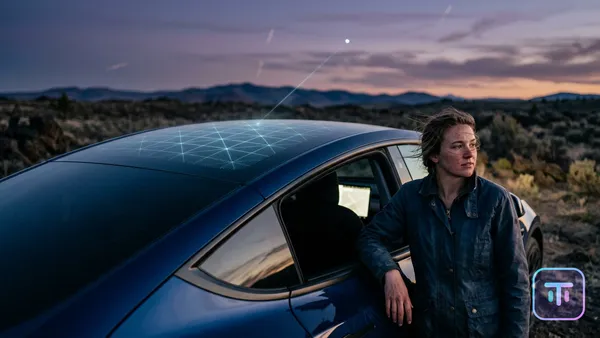 Digital rendering of a Tesla Model Y roof with embedded glowing phased-array antenna grid connecting to a Starlink satellite.