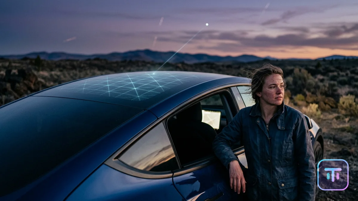 Digitale Darstellung eines Tesla Model Y-Dachs mit eingebettetem, leuchtendem Phased-Array-Antennengitter, das sich mit einem Starlink-Satelliten verbindet.