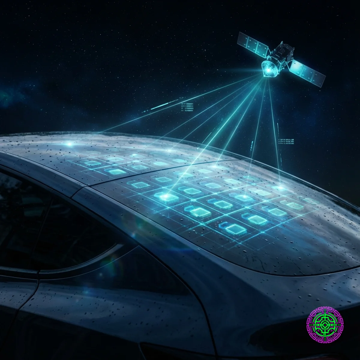 Representación digital del techo de un Tesla Model Y con una rejilla de antena de matriz en fase brillante integrada que se conecta a un satélite Starlink.