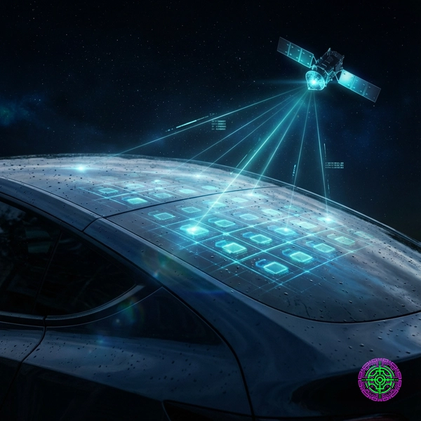 Digital rendering of a Tesla Model Y roof with embedded glowing phased-array antenna grid connecting to a Starlink satellite.