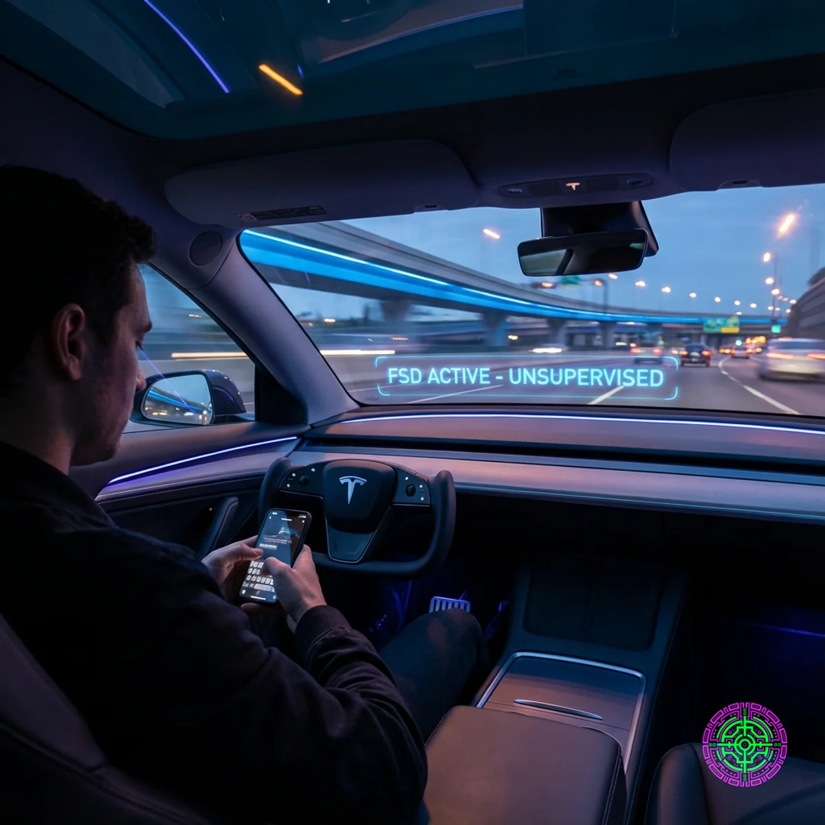 Conductor en un Tesla futurista enviando mensajes de texto mientras el coche se conduce solo en modo FSD