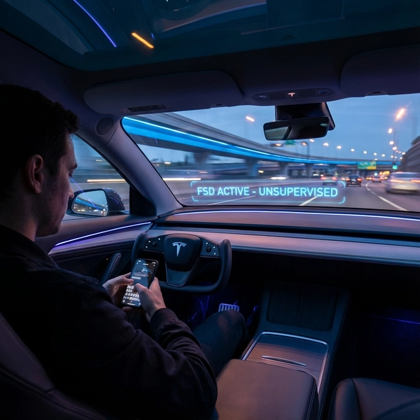 Driver in a futuristic Tesla texting while the car drives itself in FSD mode