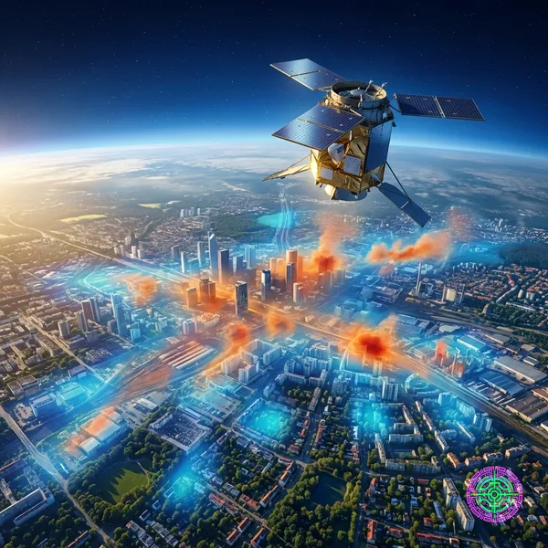 Sentinel-5P satellite scanning a city for nitrogen dioxide levels.