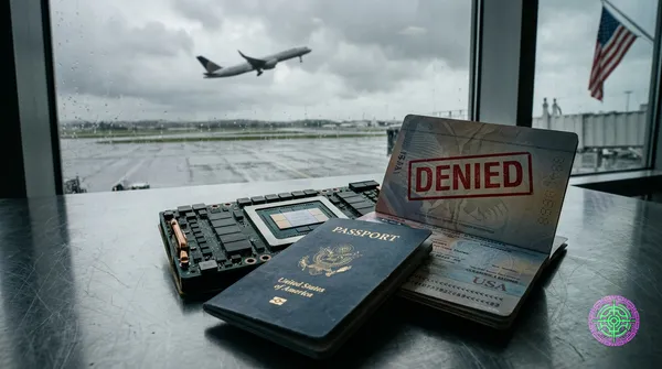 A passport stamped DENIED lying on top of a GPU chip on a desk, with a blurred American flag and departing airplane through a rain-streaked window behind it, editorial documentary photography style, shallow depth of field