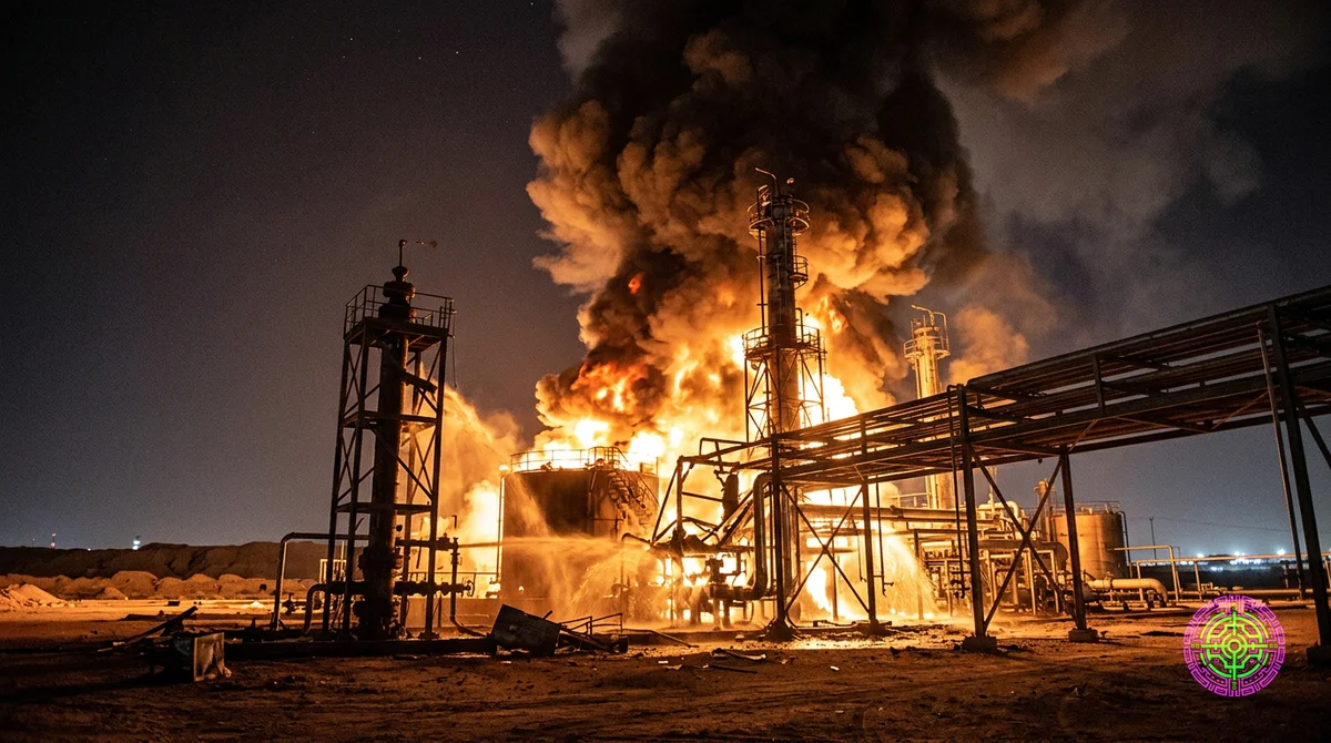 Cinematic ultra-wide 16:9 composition. A terrifying night war scene in the Middle East. A massive oil production facility and steel wellhead infrastructure completely engulfed in apocalyptic, towering columns of raging orange fire and thick black smoke after a devastating military strike. Burning crude oil violently sprays into the air, illuminating the desert in hellish, intense light. Highly detailed industrial hardware collapsing, photorealistic, hyper-dramatic lighting, modern war photography.