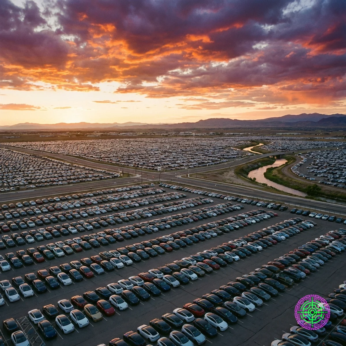 Luftaufnahme eines riesigen Autohändler-Geländes voller Elektrofahrzeuge bei Sonnenuntergang