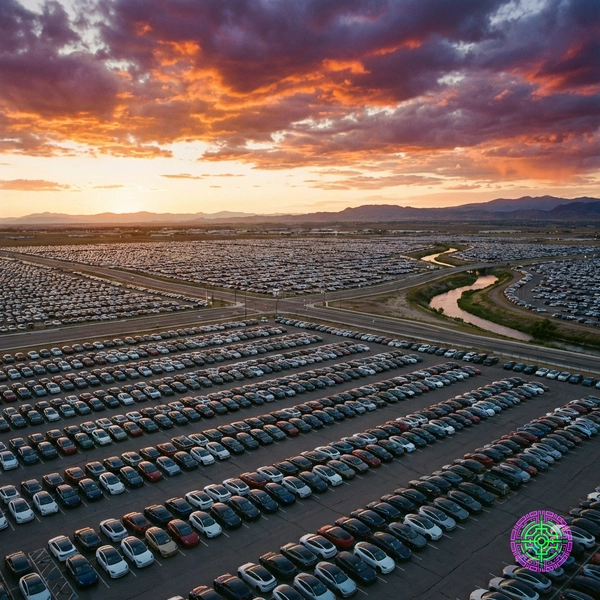 Aerial view of massive car dealership lot filled with electric vehicles at sunset