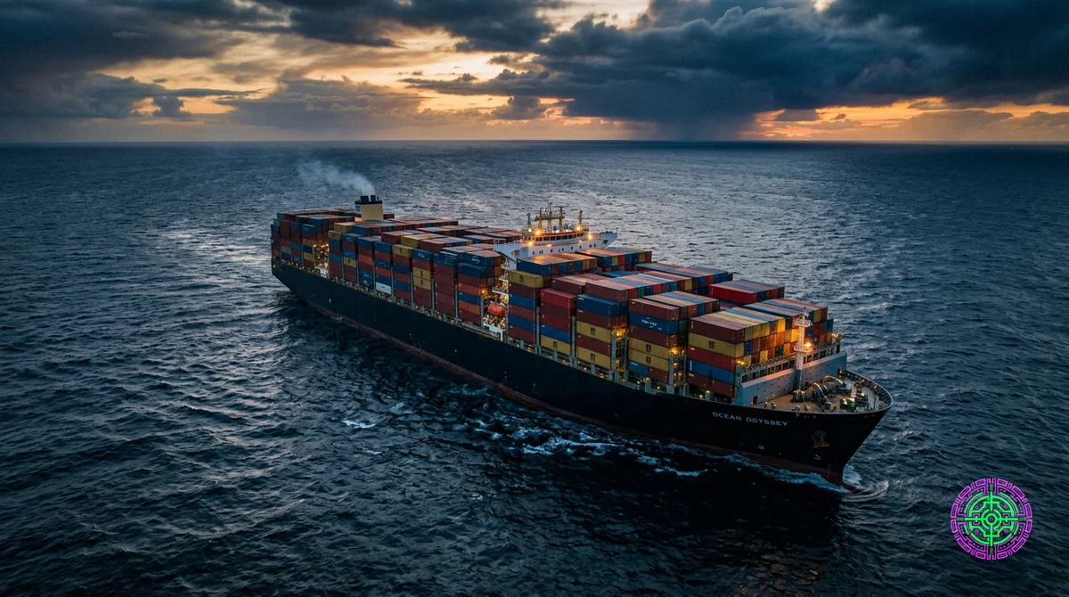 cinematic photo of a massive container ship idle in the ocean, viewed from above, dramatic lighting, ultra-wide 16:9 composition, photorealistic, high contrast