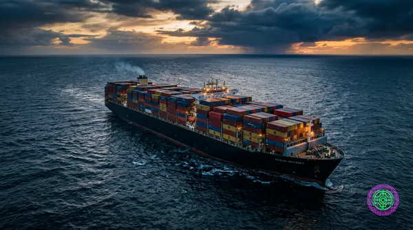 Kinoreifes Foto eines riesigen Containerschiffs, das im Ozean stillliegt, von oben gesehen, dramatische Beleuchtung, ultrabreite 16:9-Komposition, fotorealistisch, hoher Kontrast