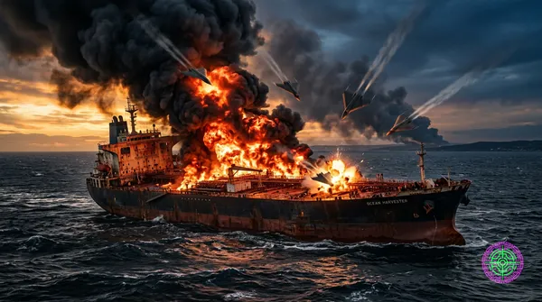 Ein kolossaler Supertanker, der aus Hunderten von Metern Höhe betrachtet wird, völlig bewegungslos und im dunkelblauen Ozean treibend.