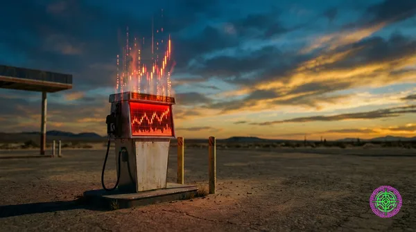 A lone weathered gas pump in a desolate American desert at dusk, its digital display replaced by a glowing red stock market candlestick chart erupting upward against a moody blue-orange sky.