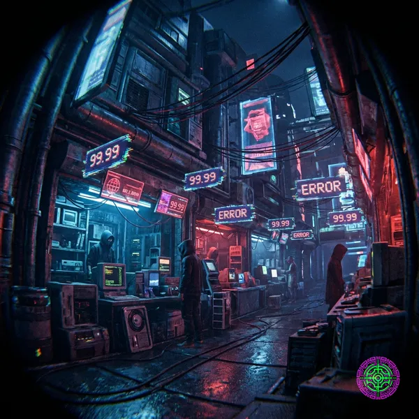 A cyberpunk digital marketplace seen through a distorted lens, price tags glitching and changing numbers in real time.
