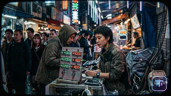Ein Cyberpunk-Digitalmarktplatz, gesehen durch eine verzerrte Linse, Preisschilder mit Fehlern und sich in Echtzeit ändernden Zahlen.