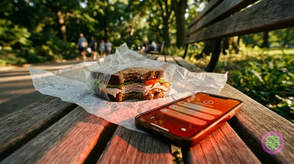 A half-eaten sandwich on wax paper and a smartphone glowing red with an alert notification sit on a sunlit park bench, with a blurred green park in the background.
