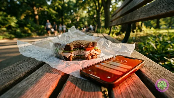 A half-eaten sandwich on wax paper and a smartphone glowing red with an alert notification sit on a sunlit park bench, with a blurred green park in the background.