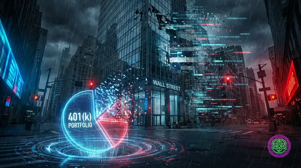 Cinematic 16:9 ultra-wide composition, extreme high detail. A gleaming, hyper-modern Wall Street skyscraper facade dissolving and collapsing into digital static and fragmented code. At the base, a glowing, fractured holographic pie chart representing a 401(k) is being slowly pulled into the digital void. Dark, ominous lighting with contrasting neon blue and aggressive warning red.