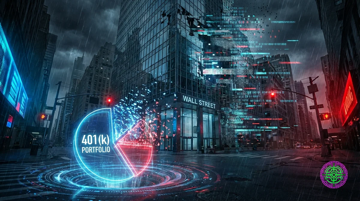 Kinoreife 16:9-Ultra-Wide-Komposition, extrem hohe Detailgenauigkeit. Eine glänzende, hypermoderne Fassade eines Wall Street-Wolkenkratzers, die sich auflöst und in digitale Statik und fragmentierten Code zusammenbricht. An der Basis wird ein leuchtendes, frakturiertes holografisches Tortendiagramm, das einen 401(k) darstellt, langsam in die digitale Leere gezogen. Dunkle, bedrohliche Beleuchtung mit kontrastierendem Neonblau und aggressivem Warnrot.