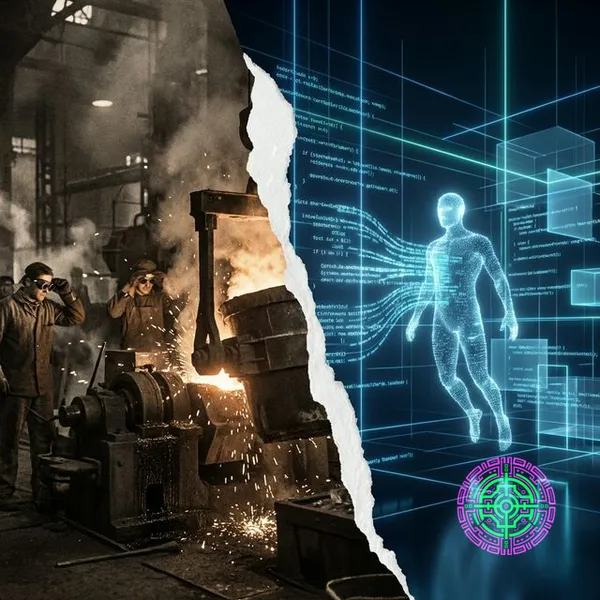 Split screen showing 19th century aluminum smelting vs modern AI code stream