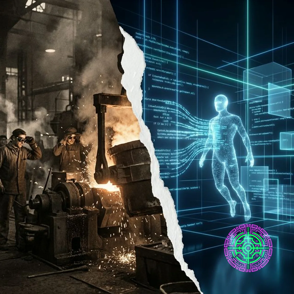 Geteilter Bildschirm, der die Aluminiumschmelze des 19. Jahrhunderts im Vergleich zum modernen KI-Code-Stream zeigt